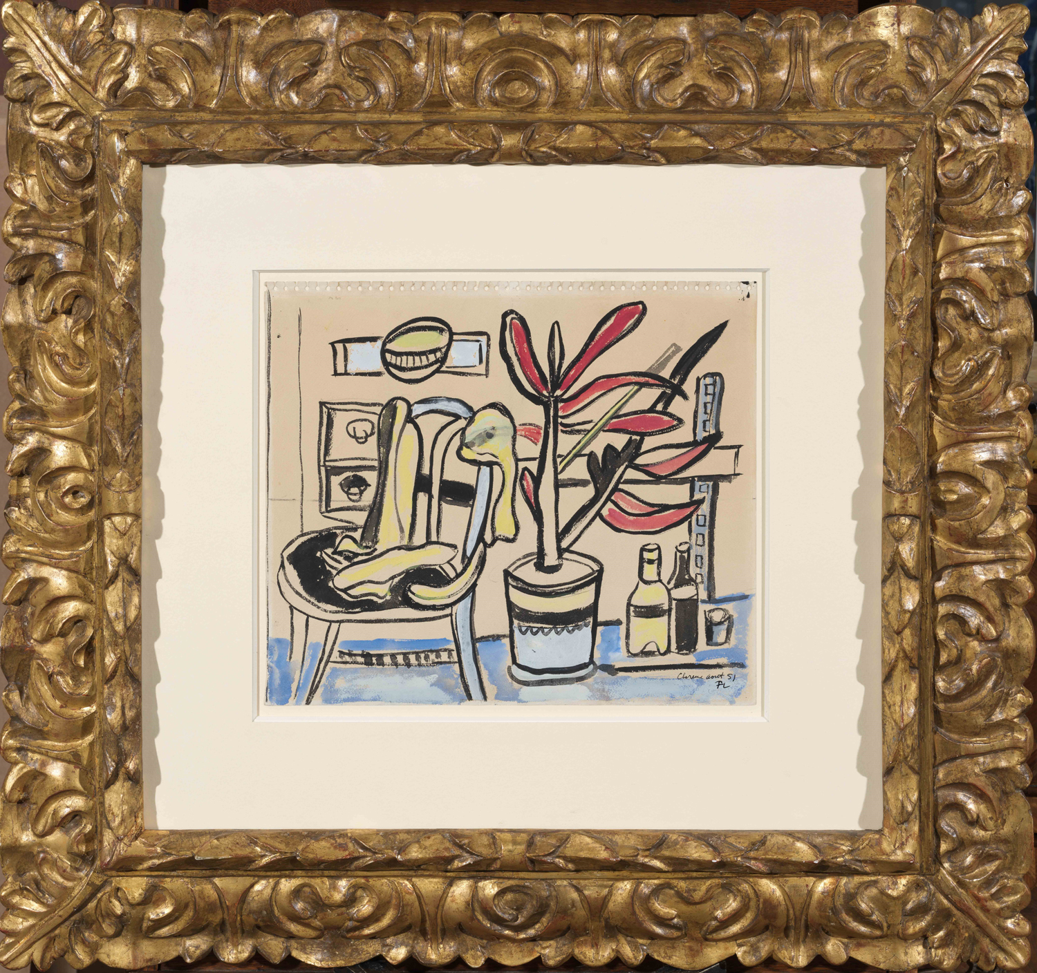 Fernand Léger - Nature morte à la chaise, au pot de fleurs et aux bouteilles